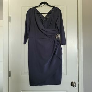 Alex Evenings Long Sleeve Formal Wedding Guest Dress with Brooch in Deep Blue